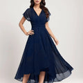 Women's Chiffon V-Neck A-Line Long Dress, High Waist Short Sleeve Evening and Cocktail Dress