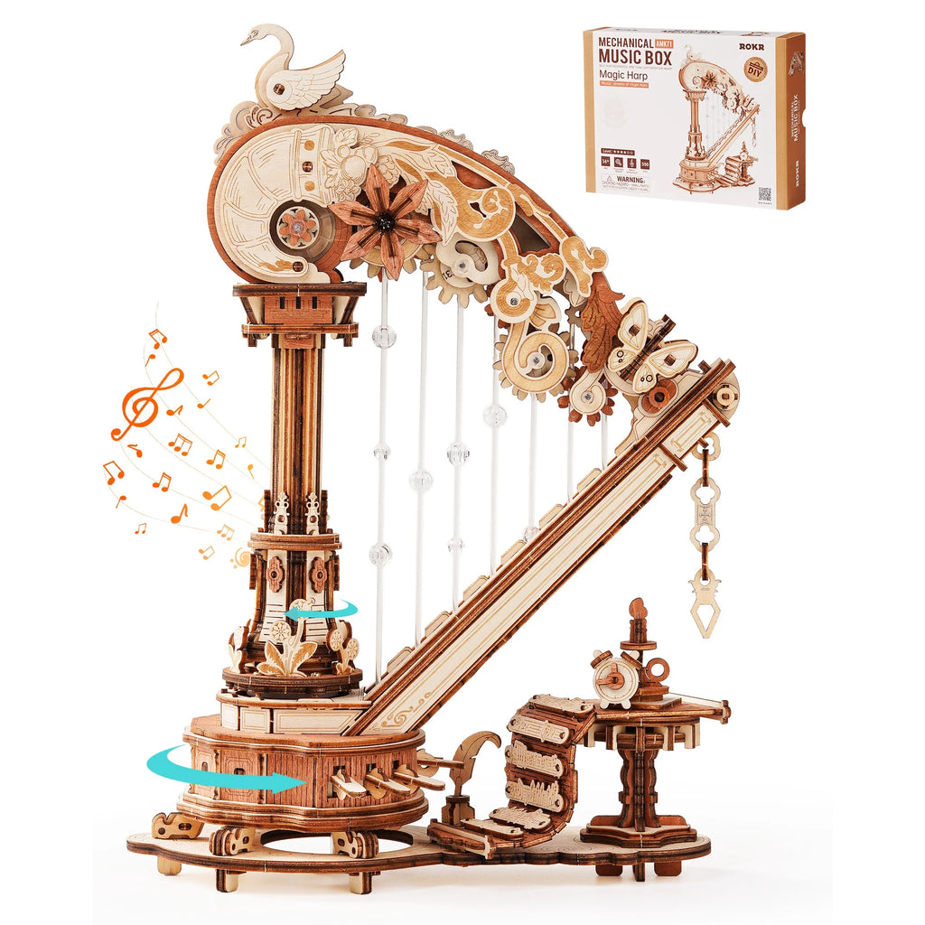 ROKR Magic Harp Music Box Wooden 3D Puzzle 350-Piece DIY Mechanical Model Building Kit for Home Desk Bookshelf Decor Gift for Adults Kids