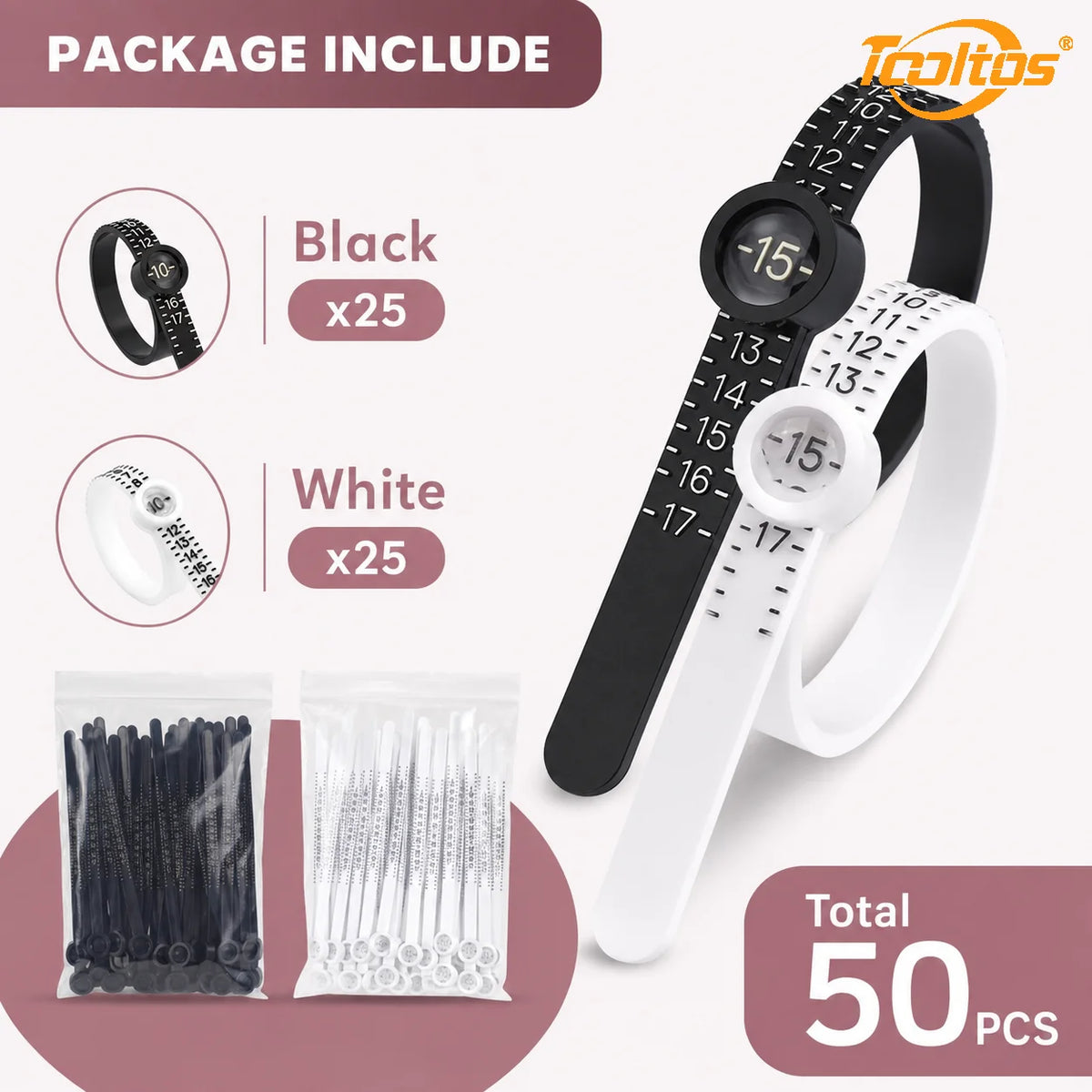 TOOLTOS 50PCS Ring Sizer Measuring Belts with Magnifier US Size 1-17 Adjustable Finger Gauge Black White Jewelry Ring Measuring Tools