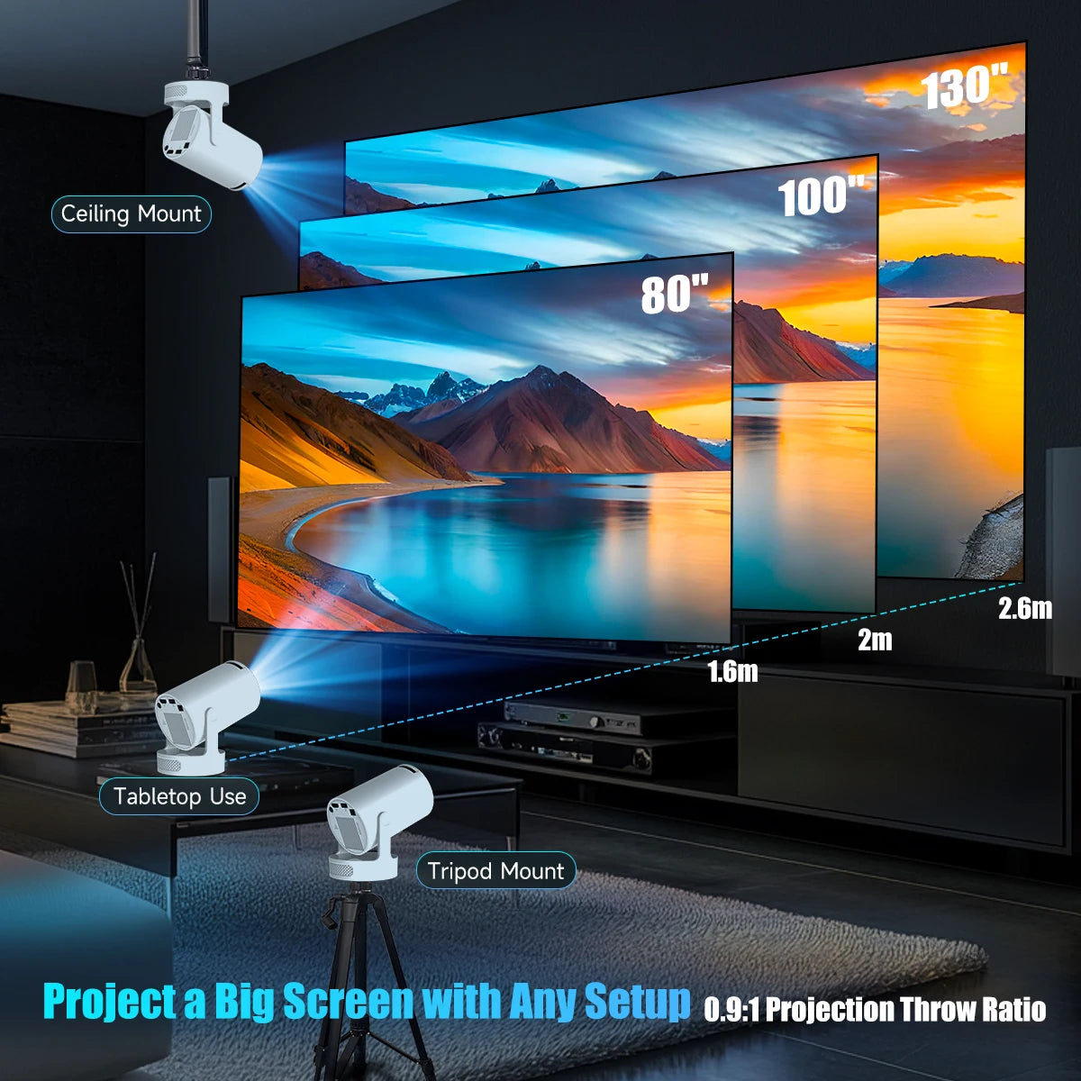 HY300 Pro + Projector 8K 720P With 5W Speaker Android 14 8000 Lumens WiFi 6 BT5.4 Outdoor Video Home Theater Projector