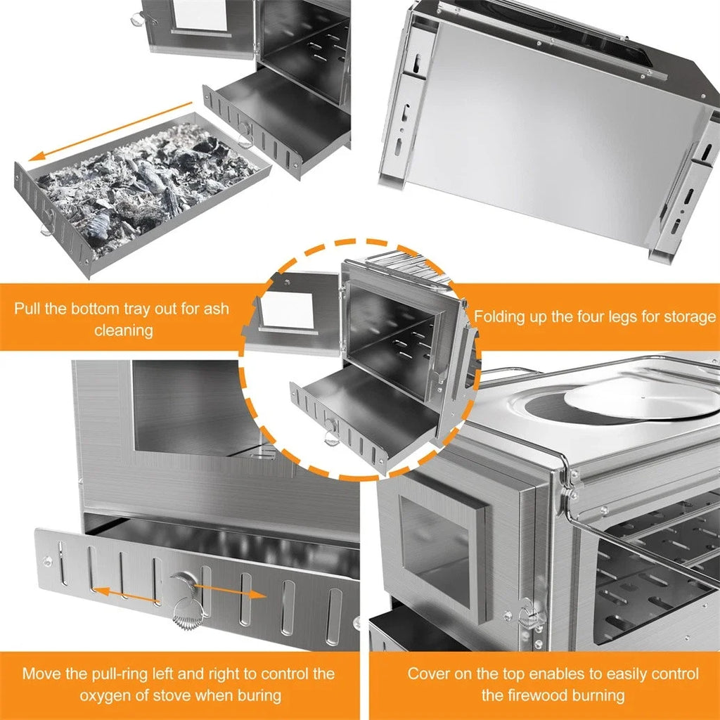 Hot Tent Stove, Wood Burning Stove, Portable Wood Stove with 6 Stainless Chimney Pipes for Outdoor Heating & Cooking