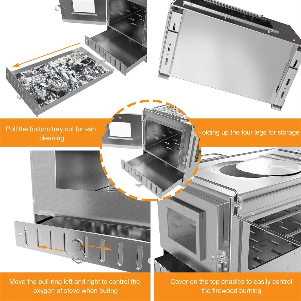 Hot Tent Stove, Wood Burning Stove, Portable Wood Stove with 6 Stainless Chimney Pipes for Outdoor Heating & Cooking