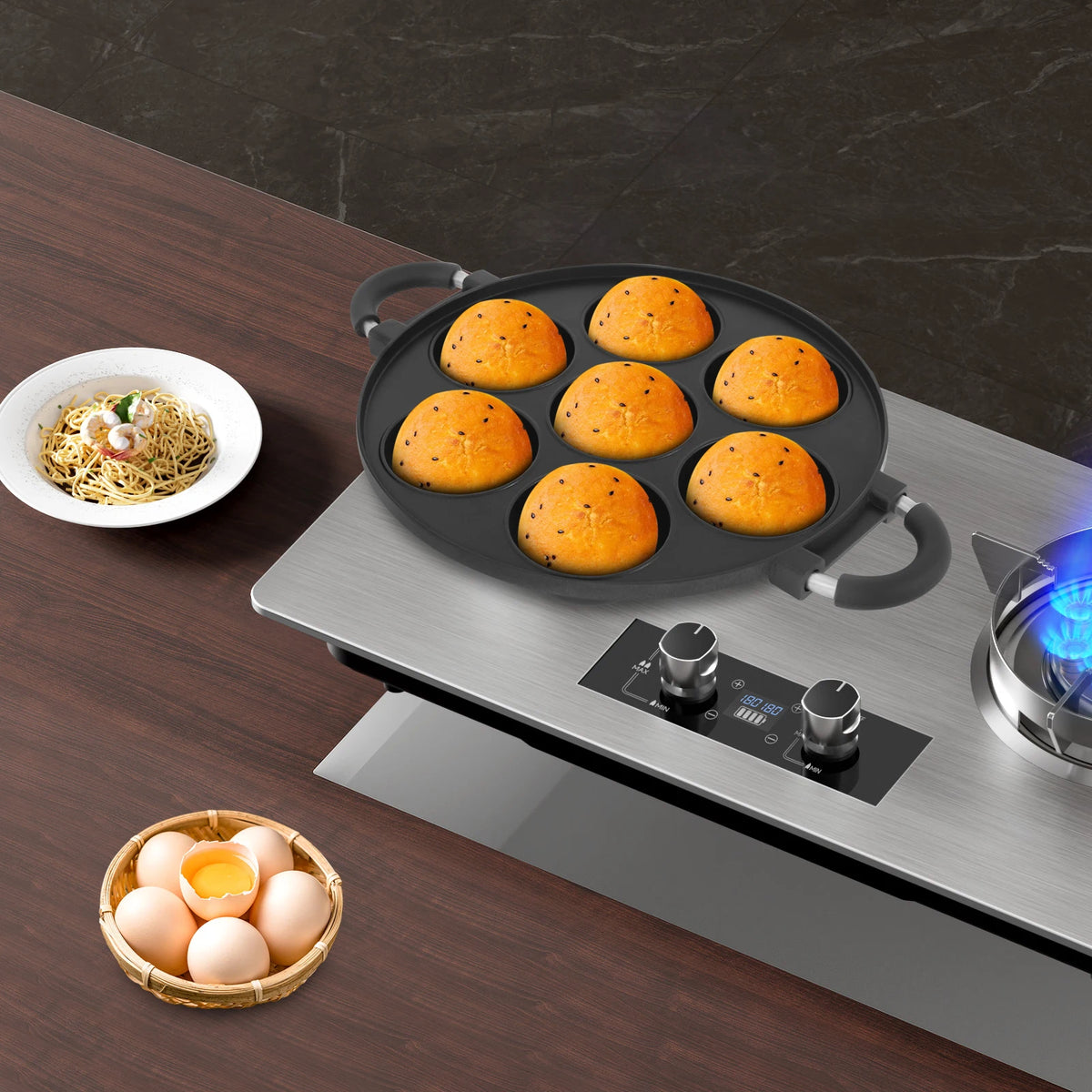 7-Hole Cake Mold Baking Pan with Handle Cake Cooking Pan Takoyaki Maker Non-stick Omelette Pan Kitchenware for Home Bakery Café