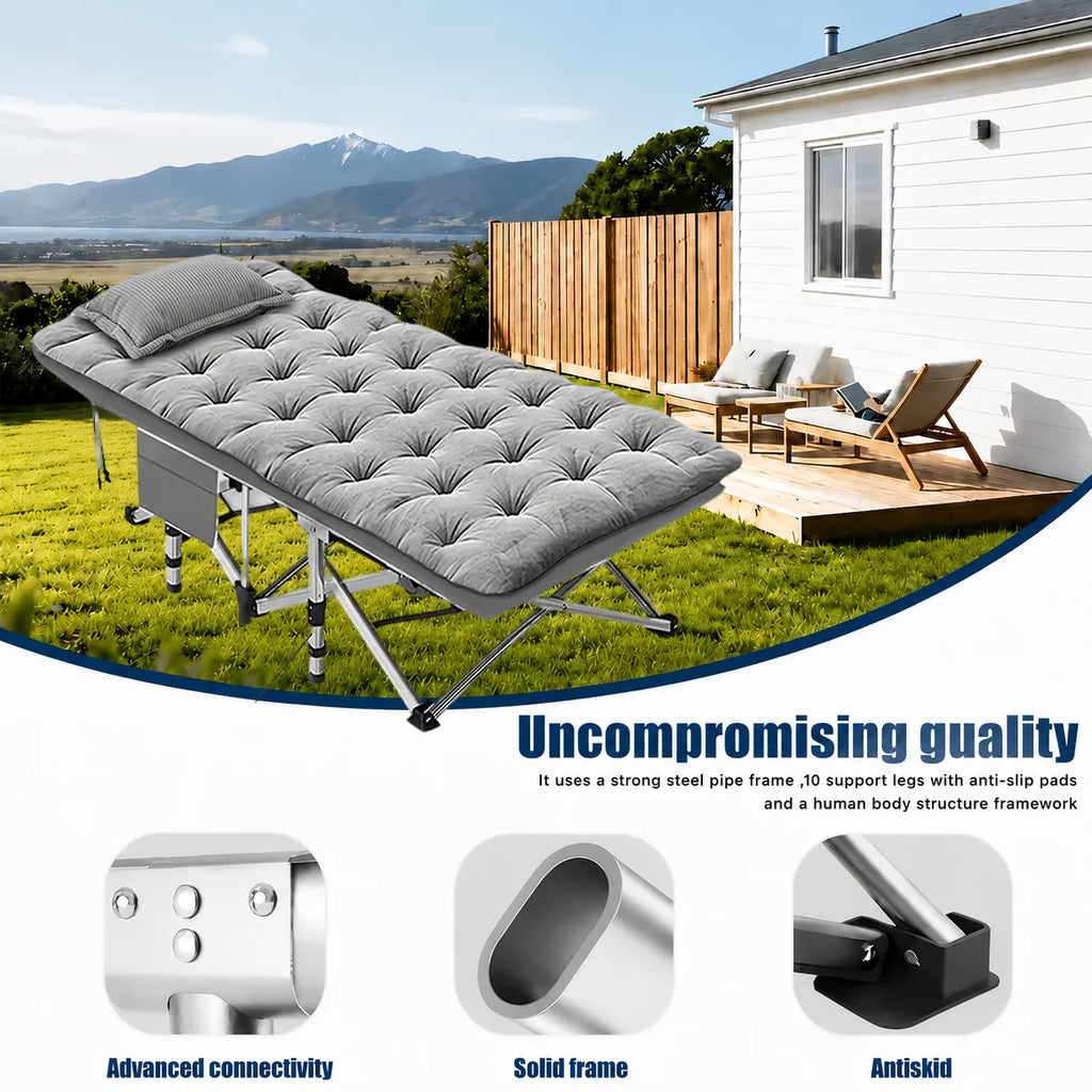 Portable Folding Camping Cot with Thick Mattress – Extra Wide Outdoor Bed with Side Pocket – No Assembly Needed, Heavy Duty Steel Frame for Tent, Hiking, Travel – Easy Carry Sleep System