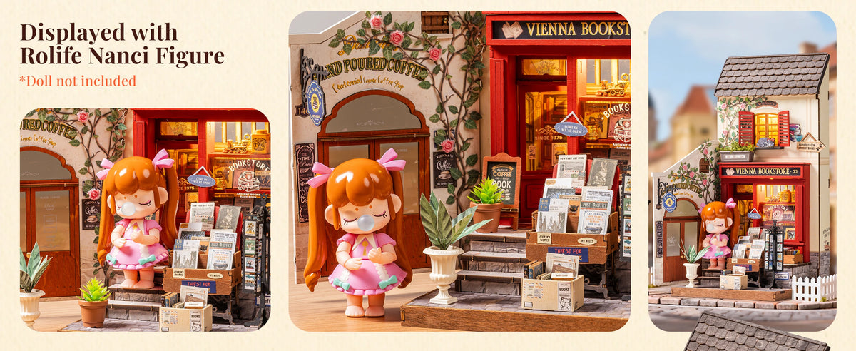 Rolife Wooden 3D Puzzle DIY Miniature House Kit Vienna Bookstore & Aromatic Coffee Cart Model Building Kit with LED Light for Home Decor Gift for Adults Teens