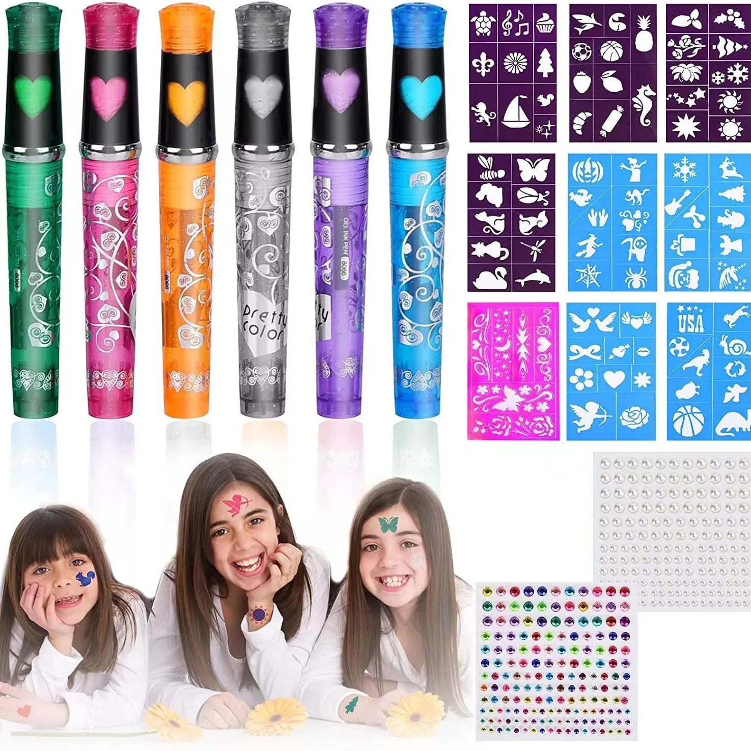 Mixed Color Temporary Tattoo Markers Kit,Washable Body Art Pens with Rhinestone Stickers,Floral Designs for Festivals,Halloween