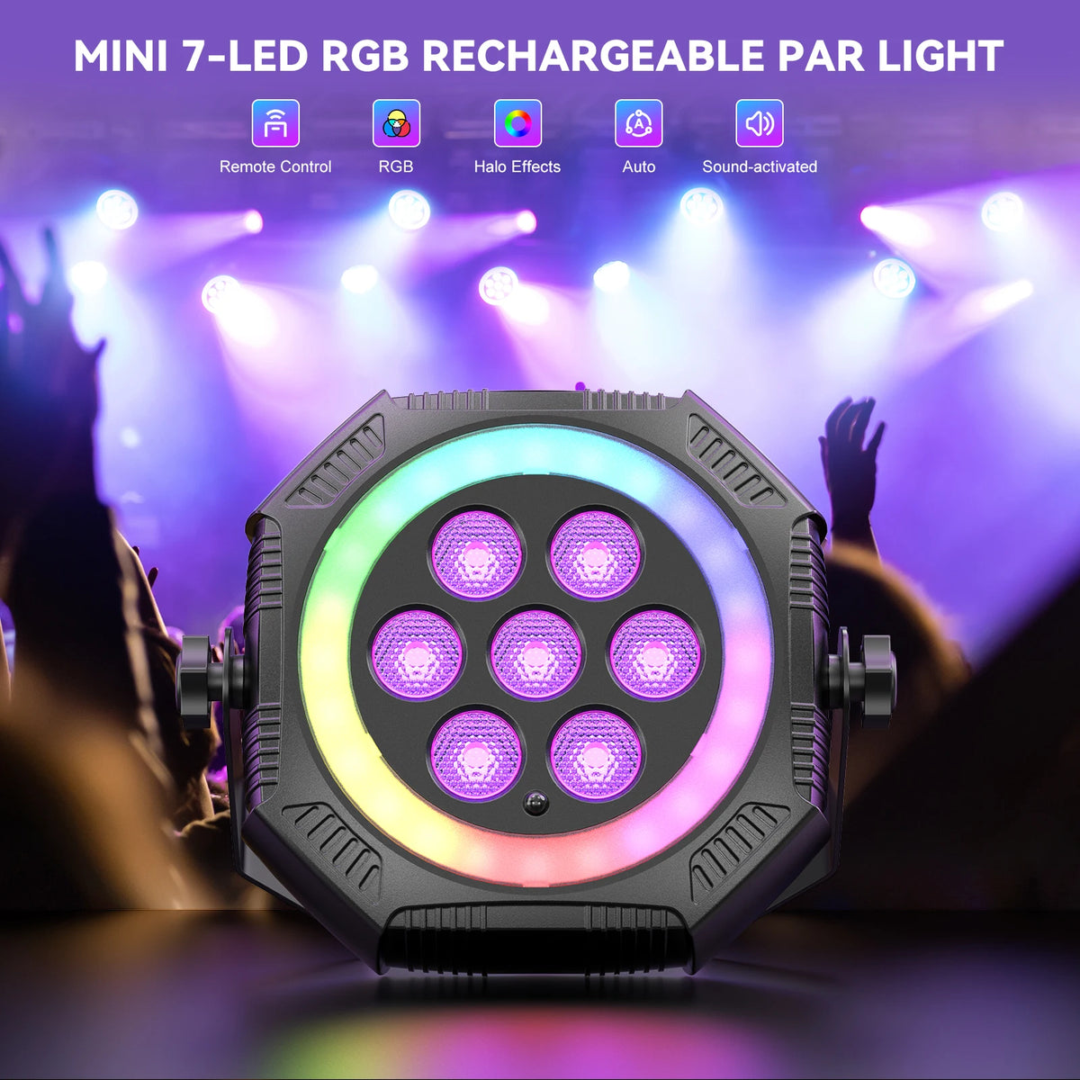 U'King 1/2/4Pcs Mini 7-LED RGB Rechargeable Par Lights With Light Strip Effect Par Can Stage Lights For Wedding DJ Party KTV Bar