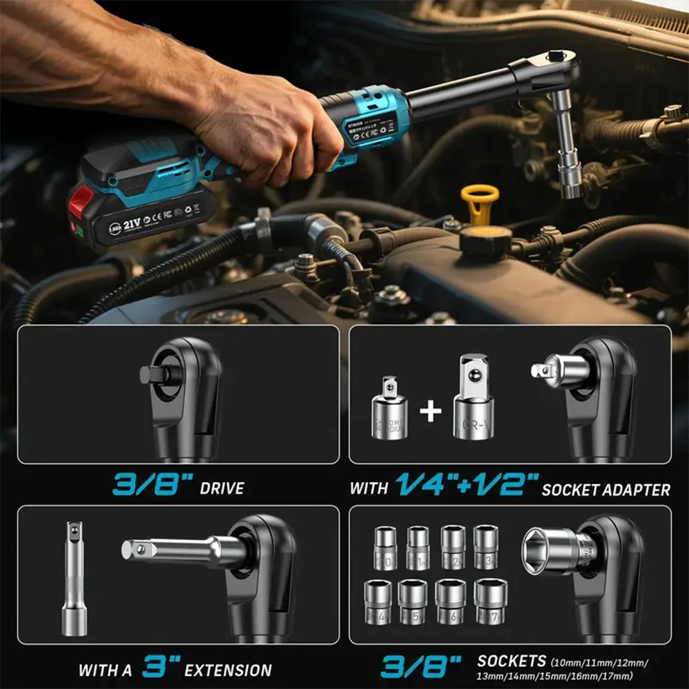 3/8" 21V 6.3'' Extended Electric Ratchet Wrench Cordless Electric Wrench Rechargeable Angle Wrench Car Repair Tools Compatible with Makita 18v Battery