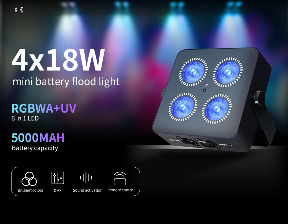 RGBWA UV 6in1 LED Battery Powered Wash Par Light 4x18W Supports DMX ControlMini Battery Operated Party & Wedding Light