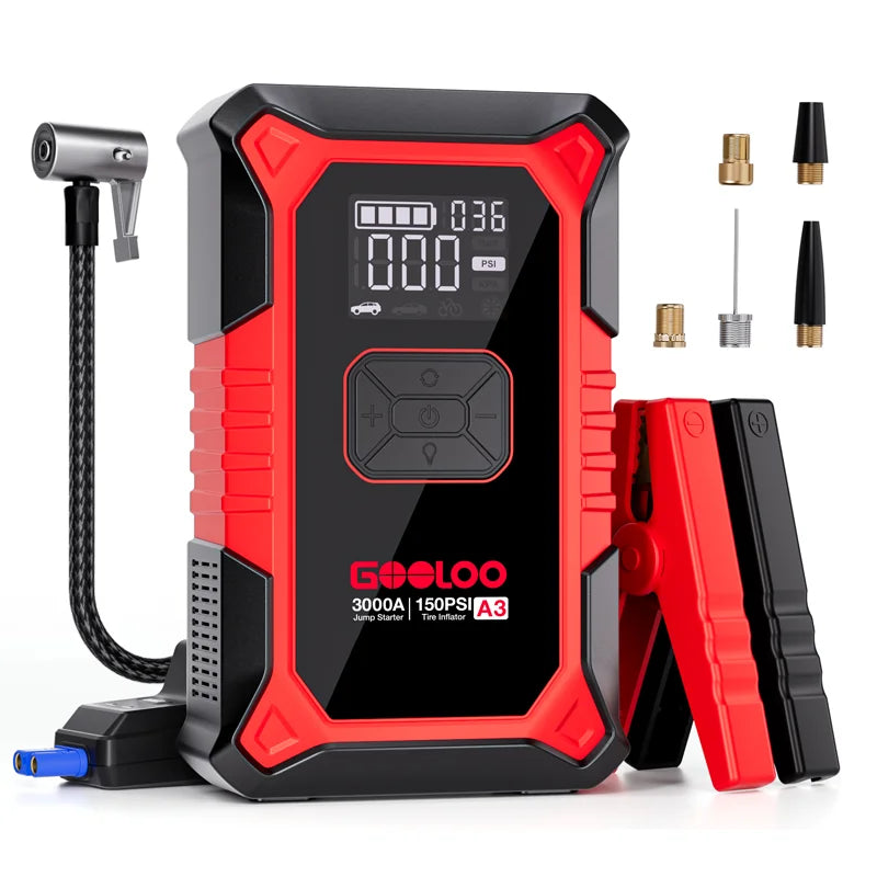 A3 Jump Starter with Air Compressor, 3000A Portable Car Battery Booster (9.0 Gas/6.5L Diesel) with 150PSI Auto-Shutoff Ti