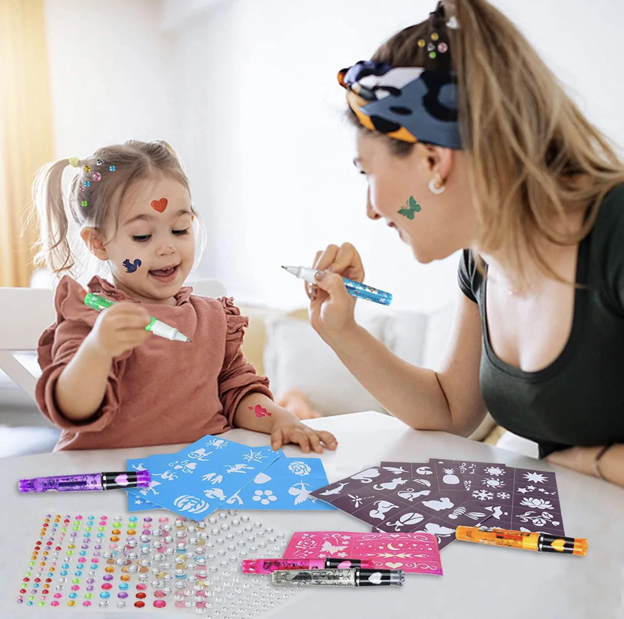 Mixed Color Temporary Tattoo Markers Kit,Washable Body Art Pens with Rhinestone Stickers,Floral Designs for Festivals,Halloween