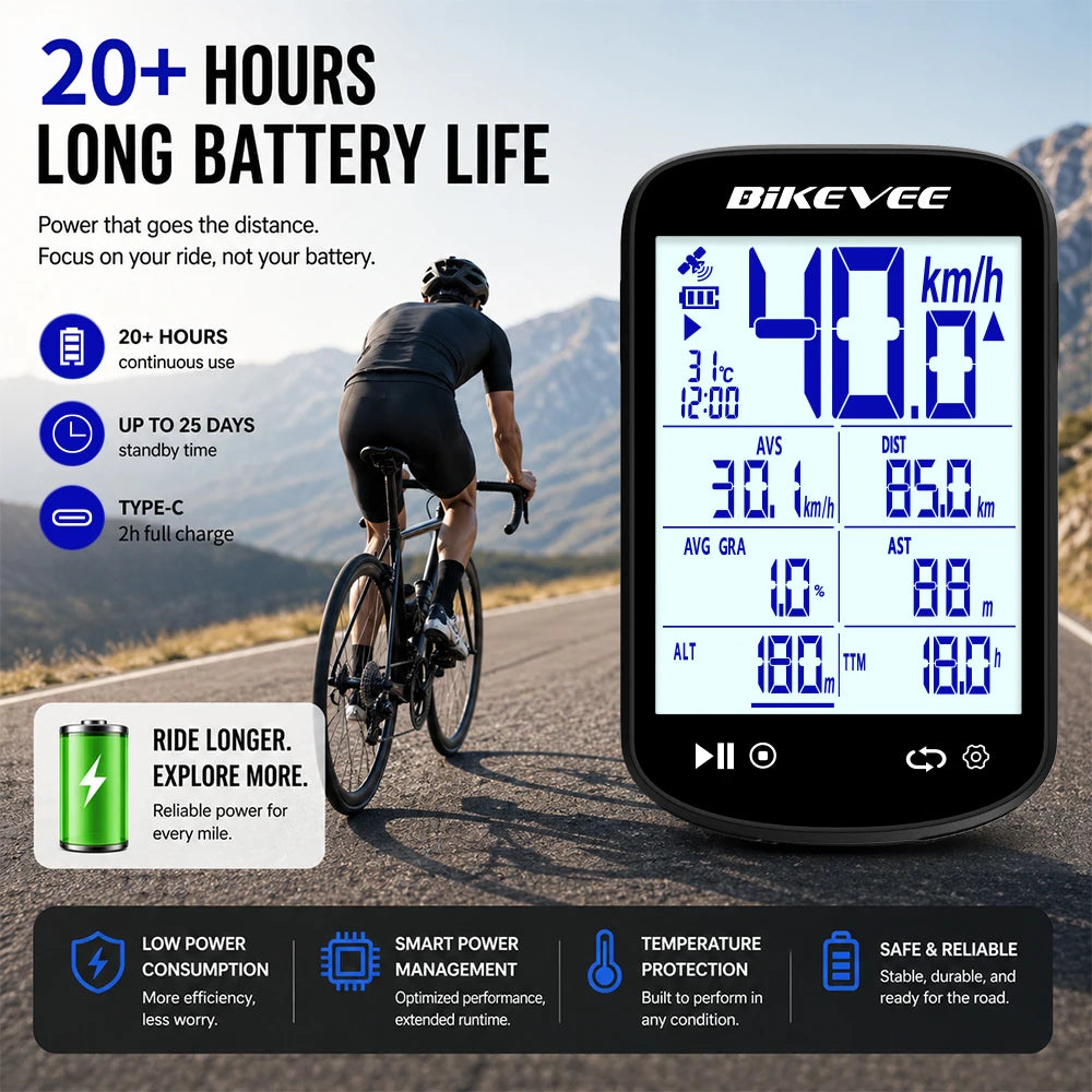 BIKEVEE Newest Sunlight-Readable 2.6" LCD Multiple Data Display GPS Bluetooth Wireless Bicycle Computer Multifunctional Rechargeable Bike Speedometer Odometer Stopwatch Tracker Connect with Auto Start/Stop Backlight Bike Acce