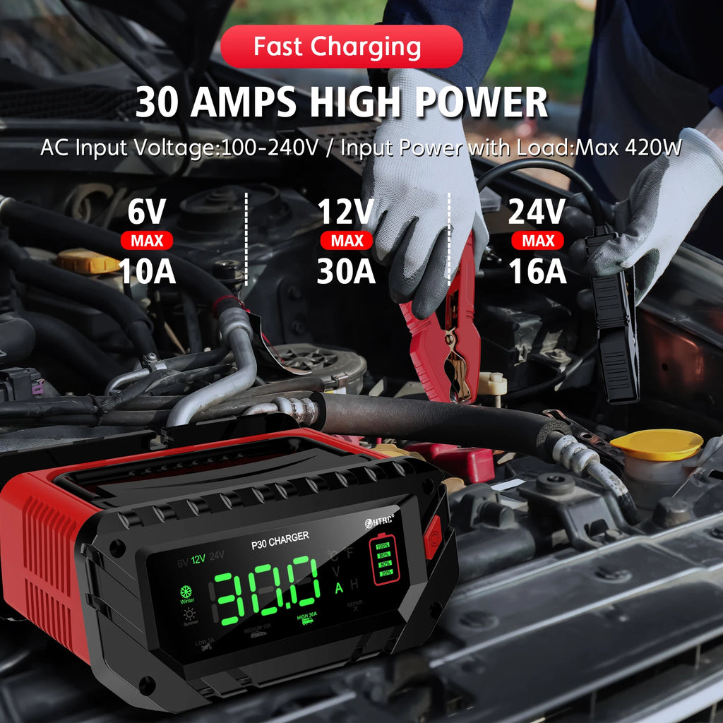 HTRC 30A/26A 6V/12V/24V Car Battery Charger for Motorcycle Lead-Acid SLA Gel Lithium LiFePo4 Portable Smart Battery Charger