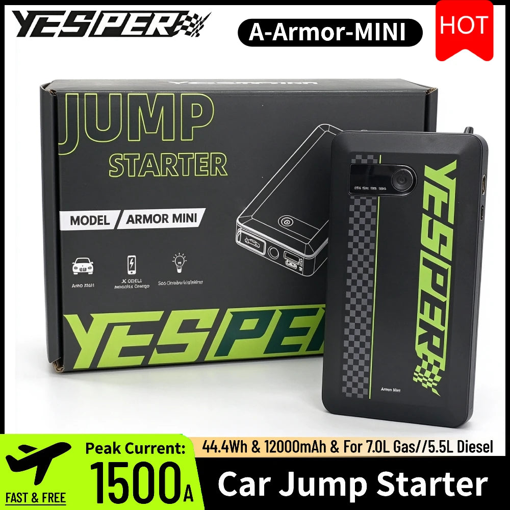 YESPER ARMOR Mini Car Jump Starter 1500A Peak 12V Car Battery Booster Power Bank USB Charger Outdoor Car Emergency Booster Pack Jump Box for Motorcycle SUV Truck 7L Gas 5.5L Diesel