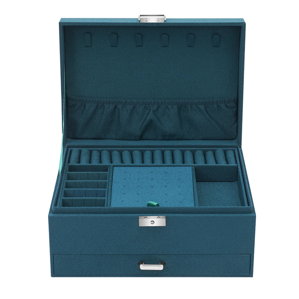3-Tier Dark Green Jewelry Box Organizer with 15 Ring Slots 10 Earring Hooks 18 Stud Holes Drawers for Necklace Bracelet Watch