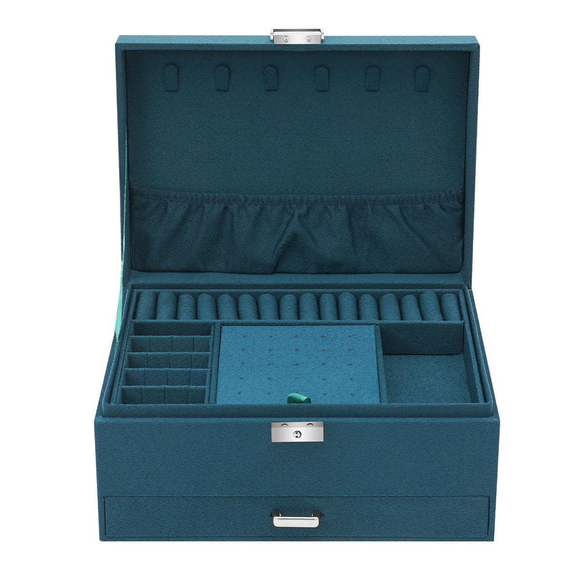 3-Tier Dark Green Jewelry Box Organizer with 15 Ring Slots 10 Earring Hooks 18 Stud Holes Drawers for Necklace Bracelet Watch