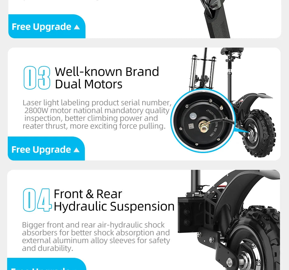 60-85KM/H Fast Electric Scooter for Adults, 1200W-6000W High Power E Scooter Single/Dual Motor, 48V 52V 60V 72V Long Range 40-100KM, 10Ah-30Ah Battery, 11 Inch Off Road Fat Tire All Terrain Electric Scooter with Dual Suspensi