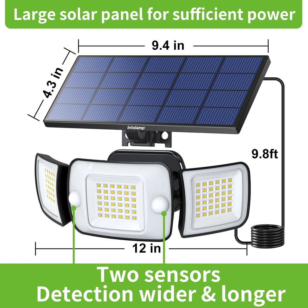 Solar Motion Sensor Flood Light with 6000mAh Battery, Dual Sensors and 9ft Cable