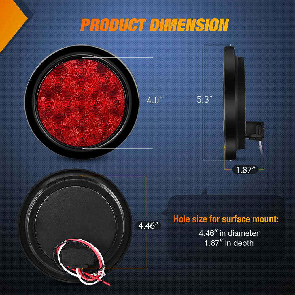 Nilight 4' Round Red LED Trailer Tail Lights with Surface Mount Grommet Plugs IP67 Stop Brake Turn Tail Lights for Truck Trailer RV Jeep 2PCS