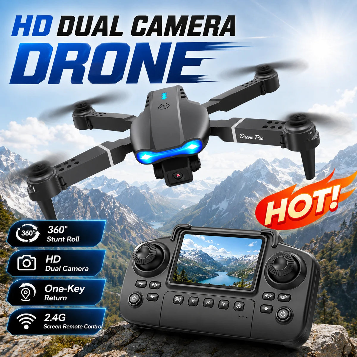Brushless RC Drone with Dual Camera, One-Key Takeoff, Return Home and Headless Mode
