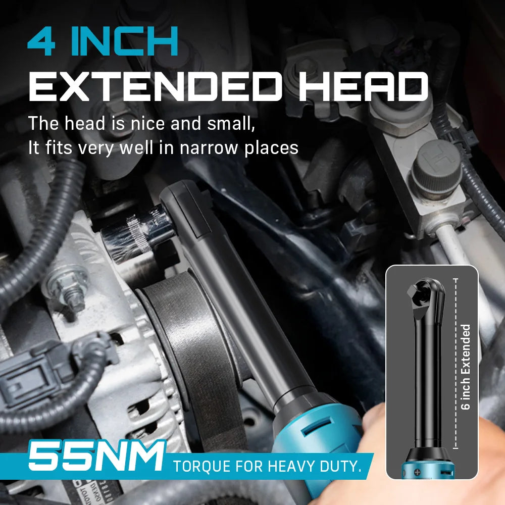 3/8" Cordless Electric Wrench 55Nm 6'' Extended Ratchet Wrench 12V Rechargeable Angle Wrench Car Repair Tools with 2pcs Batteries