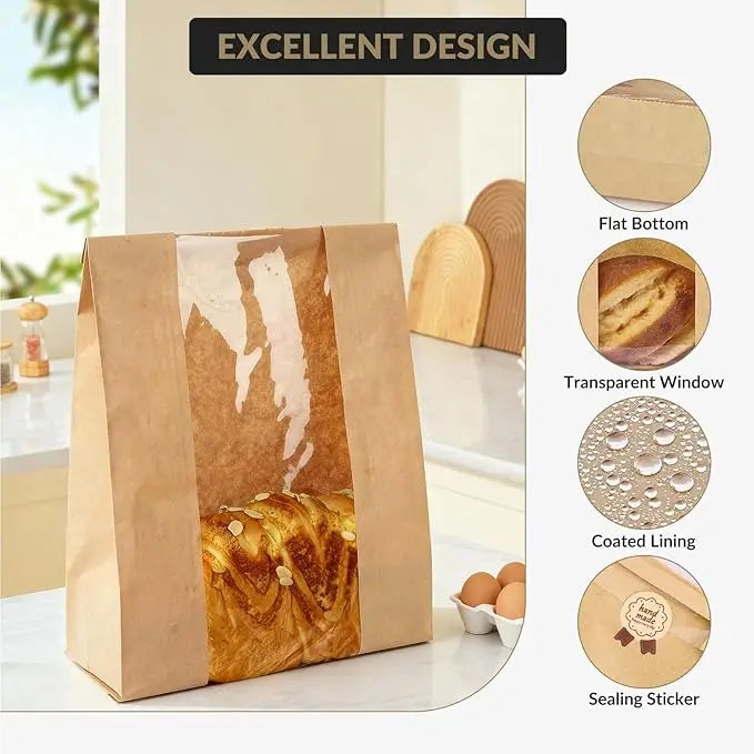 250 Pack Bread Bags for Homemade Bread,Large Kraft Paper Bakery Bags with Clear Window & Label Seal Stickers for Baked Food