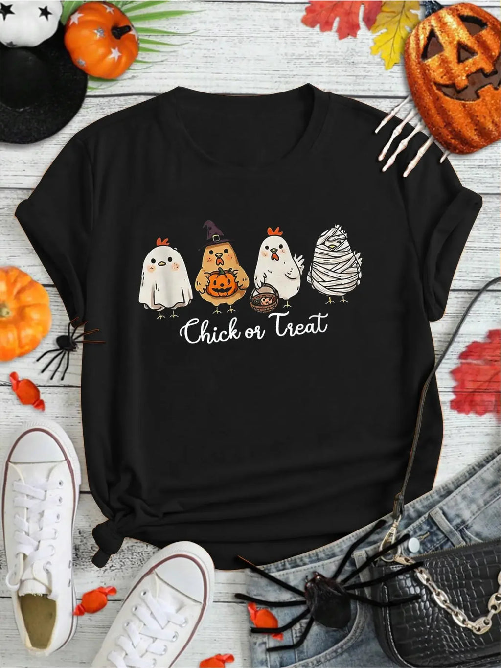 Halloween Chick or Treat Witch Chicken Graphic Tee, 100% Cotton Unisex