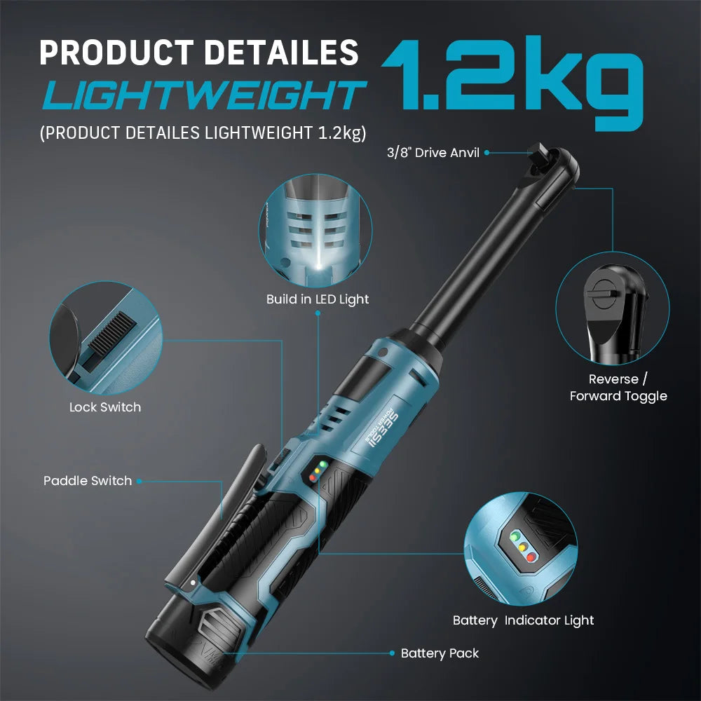 3/8" Cordless Electric Wrench 55Nm 6'' Extended Ratchet Wrench 12V Rechargeable Angle Wrench Car Repair Tools with 2pcs Batteries