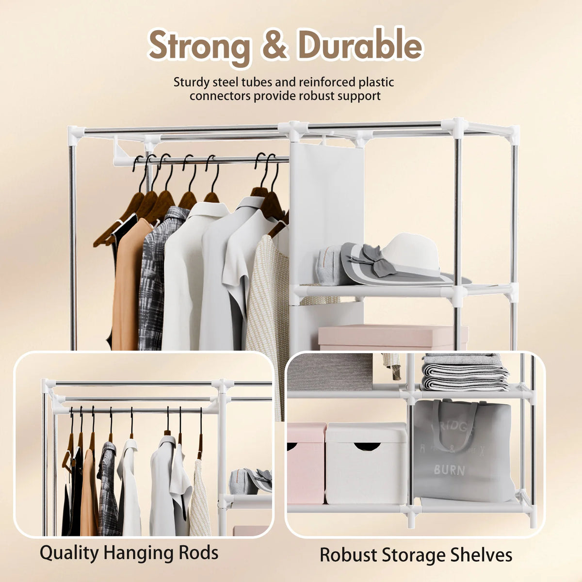 Portable Closet Wardrobe Organizer with 6 Shelves and Hanging Rod