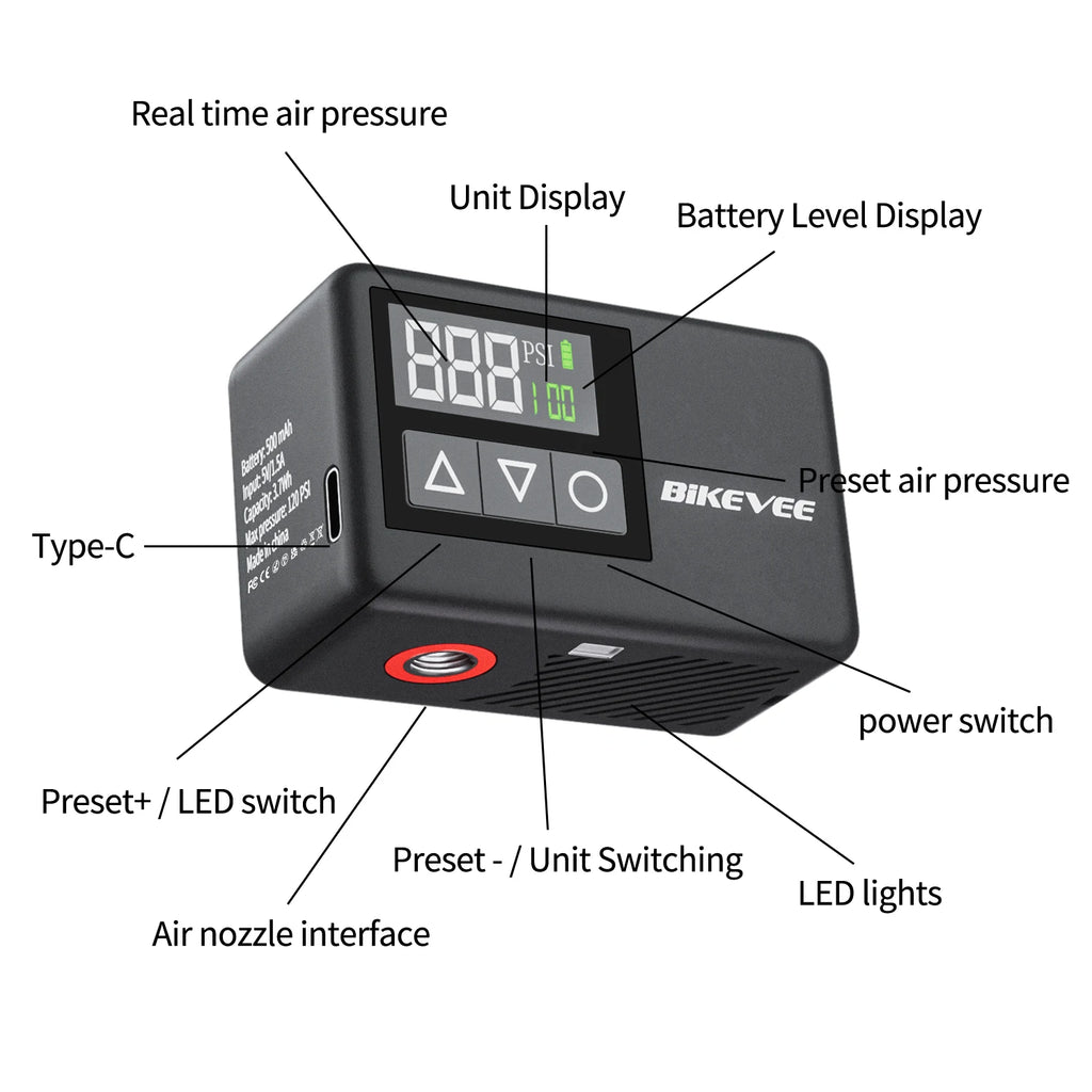 Bikevee Universal Rechargeable Portable Electric Mini Bike Air Pump Wireless with Smart LCD Digital Gauge Tire Inflator Auto Shut-Off Car Motorcycle Road MTB Bike Dedicated Electric Air Pump