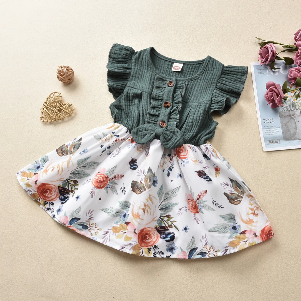 Toddler Girls Floral Bow Ruffle Sleeve A-Line Dress, Summer Dress 1-5 Years