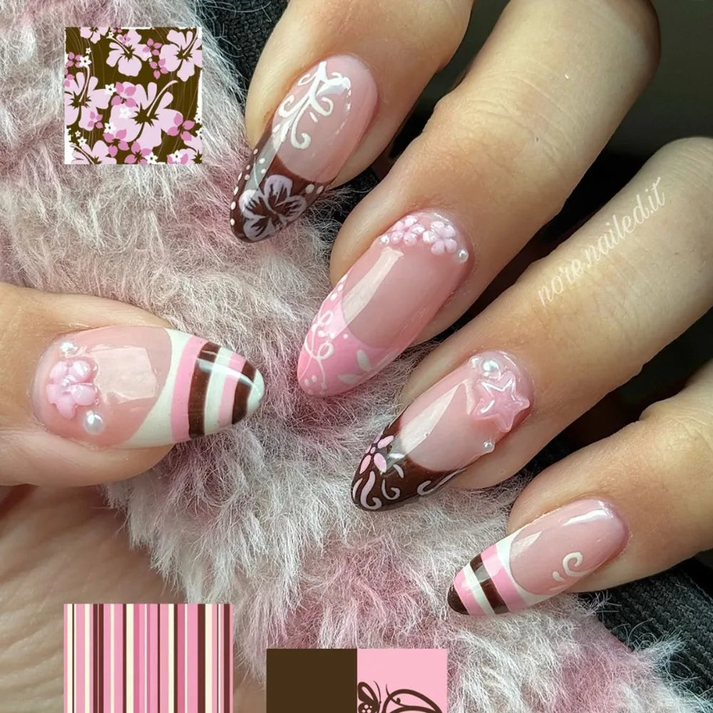 Medium Almond Press On Nails with Brown Stripes and Pink Flower Print