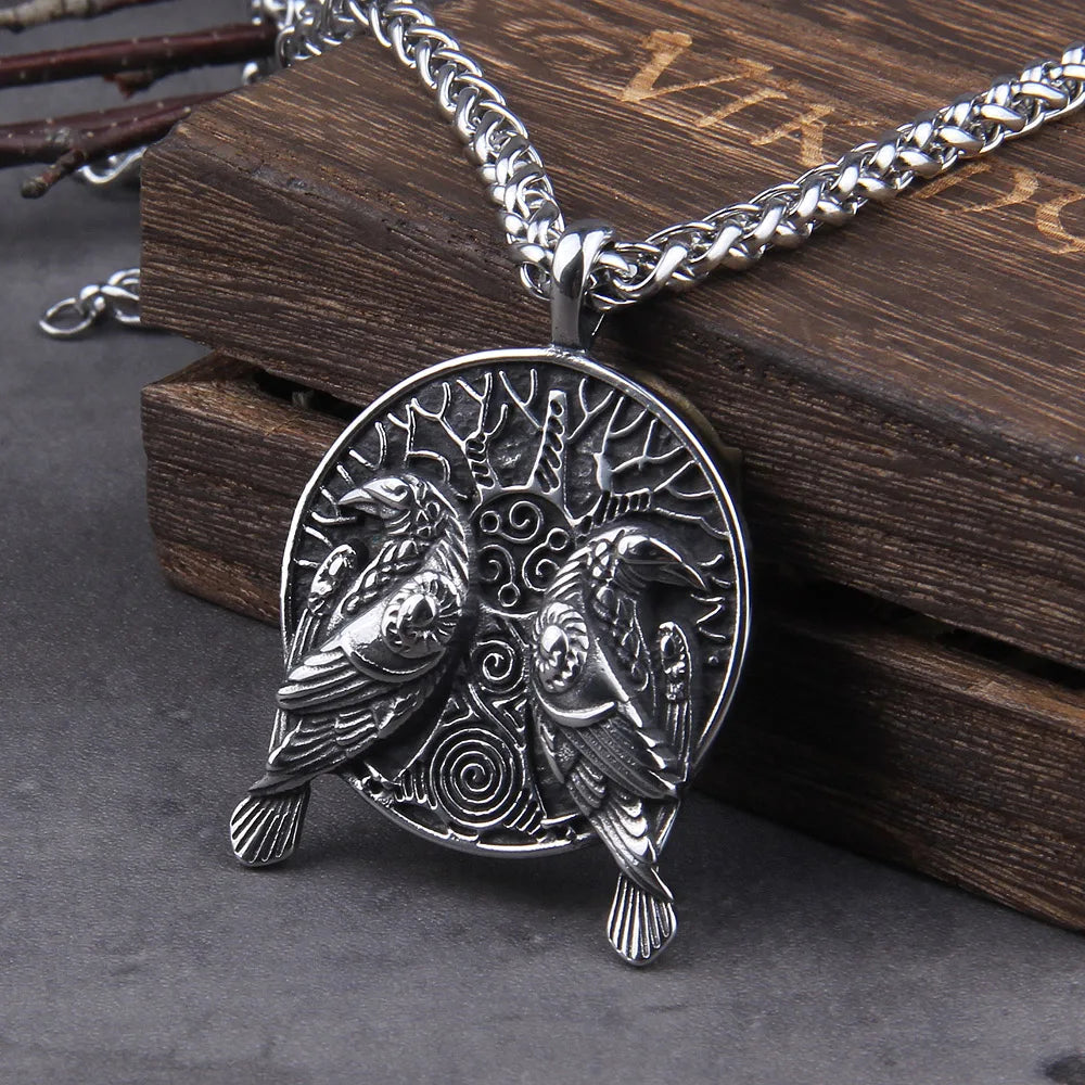 Black Norse Odin Huginn And Muninn Raven Pendant Necklace Stainless Steel Vintage Viking Tree of Life Necklace Amulet Jewelry