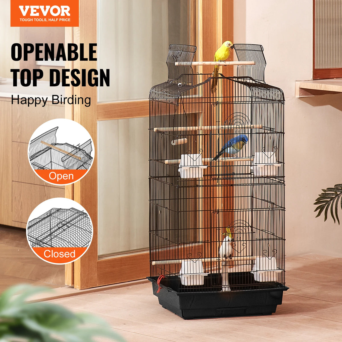 SucceBuy Open Top Large Parrot Bird Cage Hanging Bird Cage for Kinds of Birds Travel Pet Flight Birdcage with Swing and Perch