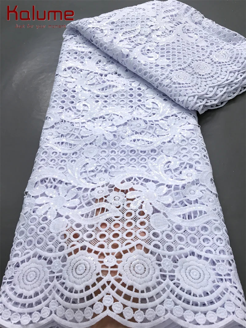 White African Guipure Cord Lace Fabric with Sequins 2025 High Quality Nigerian Guipure Cord Lace for Sewing Wedding Dress F4025
