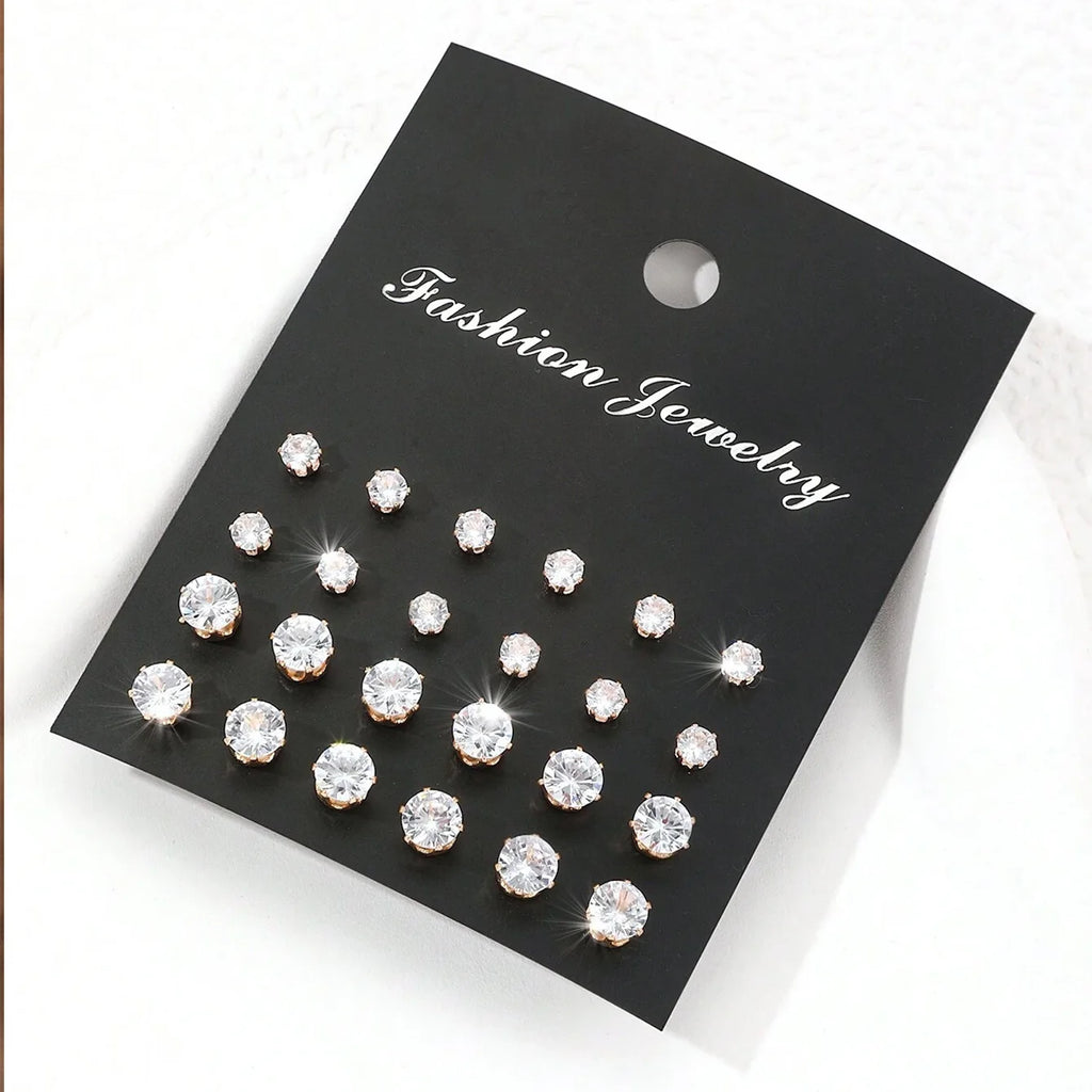 Cubic Zirconia Stud Earrings Set, 12 Pairs