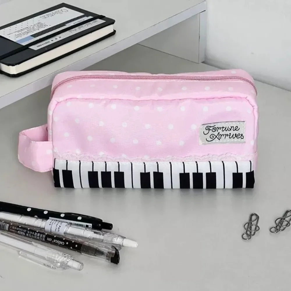 Kawaii Polka Dot Piano Key Print Pencil Case With Handle Large Capacity Pencil Pouch Stationery Pouch Gift School Supplies Girls