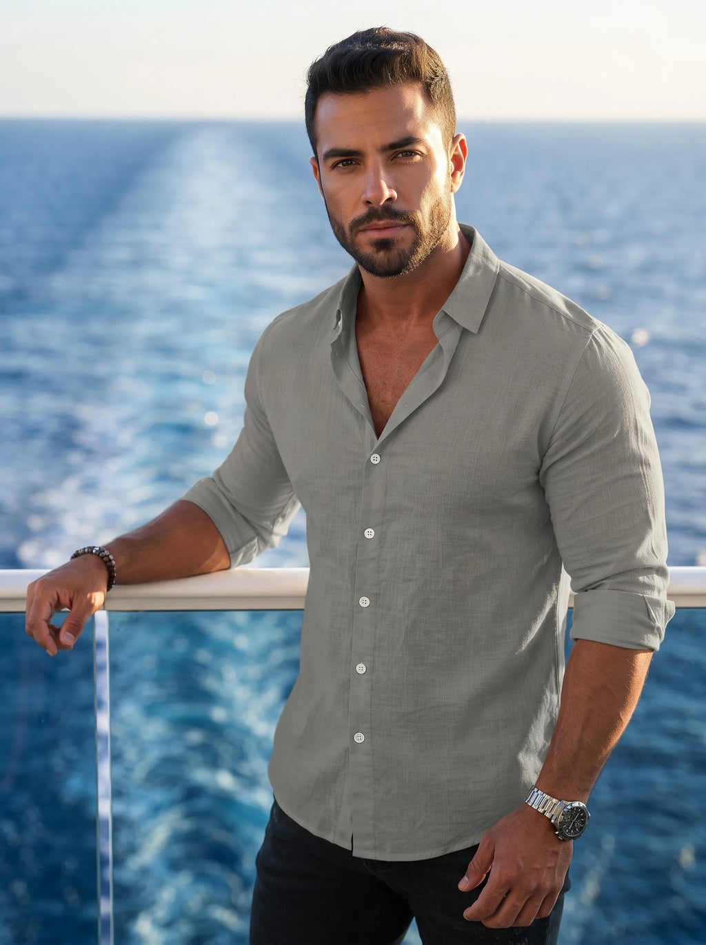 Men's Cotton Long Sleeve Shirt with Contrast Buttons, Classic Collar Roll-Up Sleeve Shirt