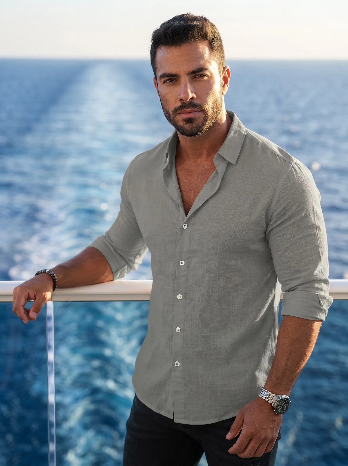 Men's Cotton Long Sleeve Shirt with Contrast Buttons, Classic Collar Roll-Up Sleeve Shirt
