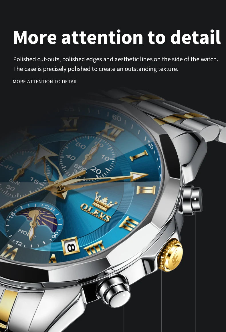 OLEVS Men's Chronograph Watch with Moon Phase, Waterproof Multifunction Quartz Wristwatch
