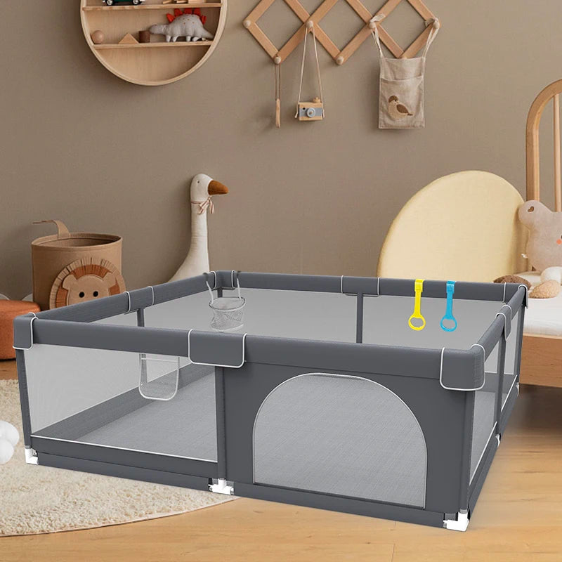 Baby Playpen with Safety Gate, Large Indoor Play Yard Fence for Toddlers, Light Gray