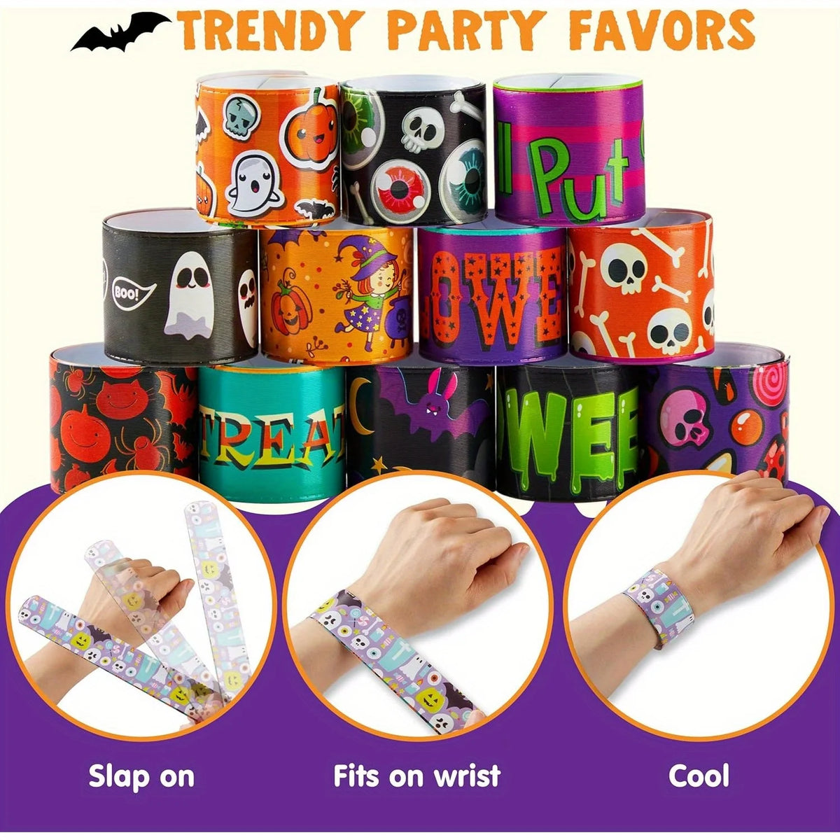 100 PCS Halloween Slap Bracelets for Kids, Halloween Bracelets Bulk for Girls Boys Gifts, Friendship Bracelets Snap Bracelets for Halloween Party Favors Goodie Bag Fillers