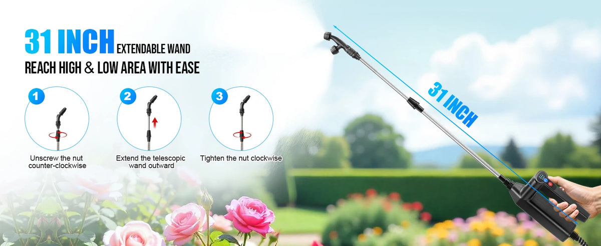 2 Gallon Battery Powered Sprayer, Electric Garden Sprayer with 3 Adjustable Pressure Levels, 4 Nozzles & Extendable Wand