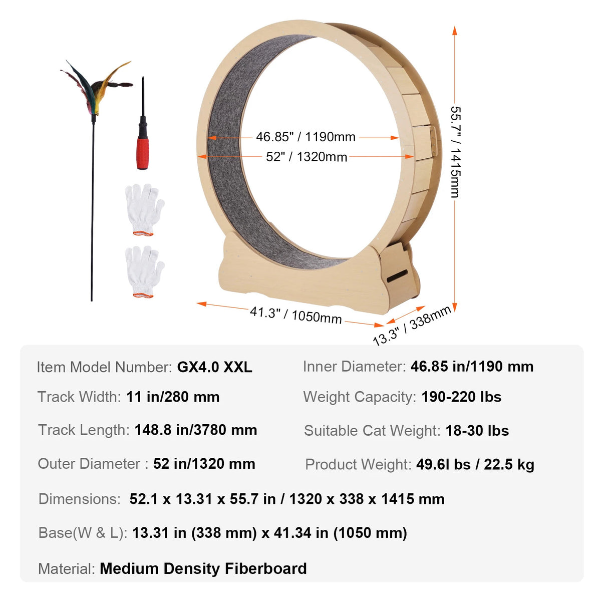 SucceBuy Wooden Cat Exercise Wheel, Large Cat Treadmill with Detachable Carpet and Cat Teaser