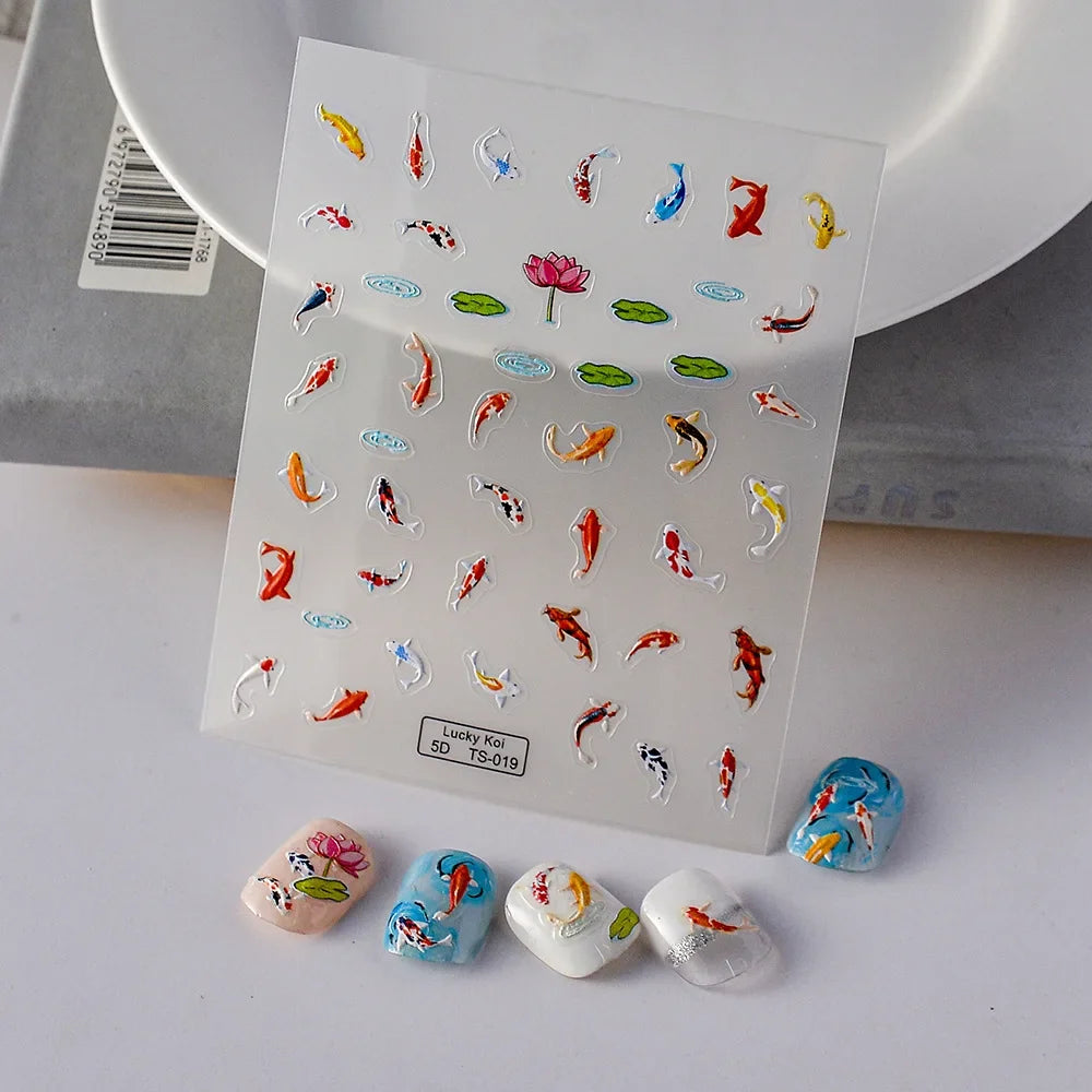 5D Koi Fish Nail Stickers, Green Lotus and Red Carp Nail Art Decals