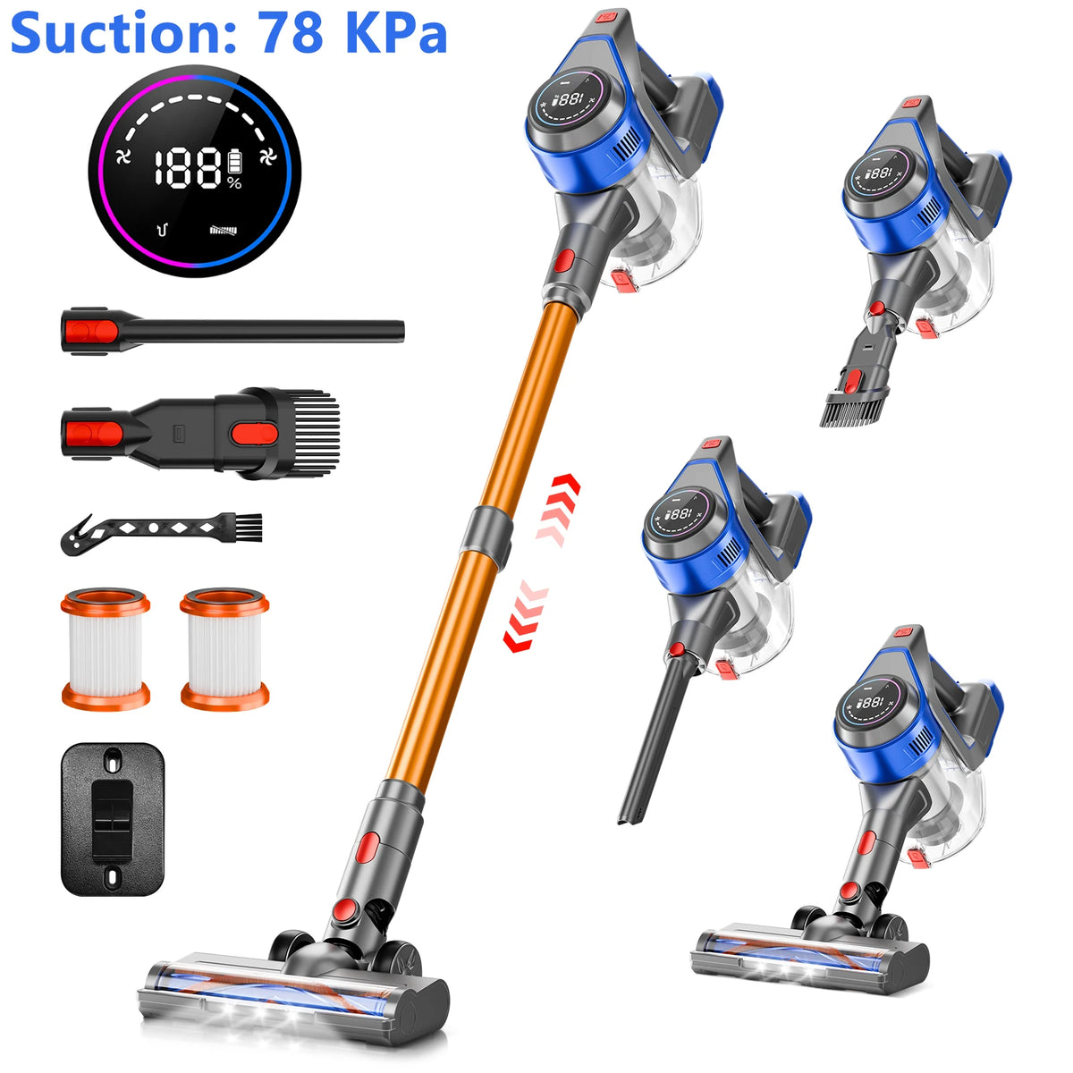 78KPA Cordless Vacuum Cleaner with LED High Power Strong Suction Wet and Dry Handheld Vacuum Cleaner for Fur Rug