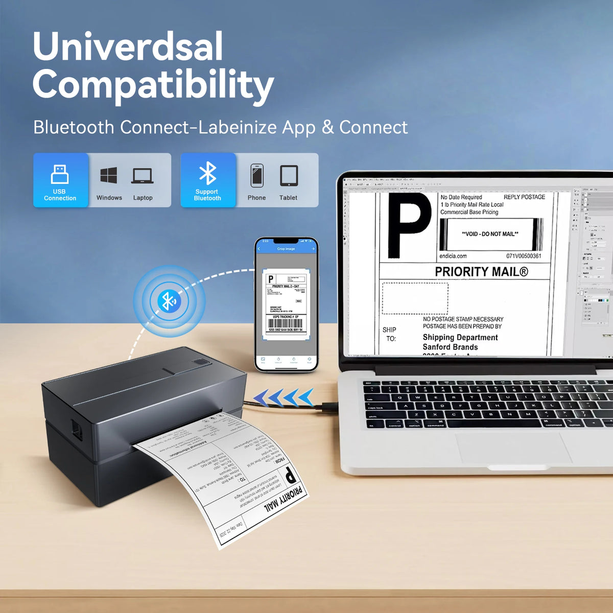 Portable Bluetooth Thermal Label Printer for 4x6 Shipping Labels, 203 DPI