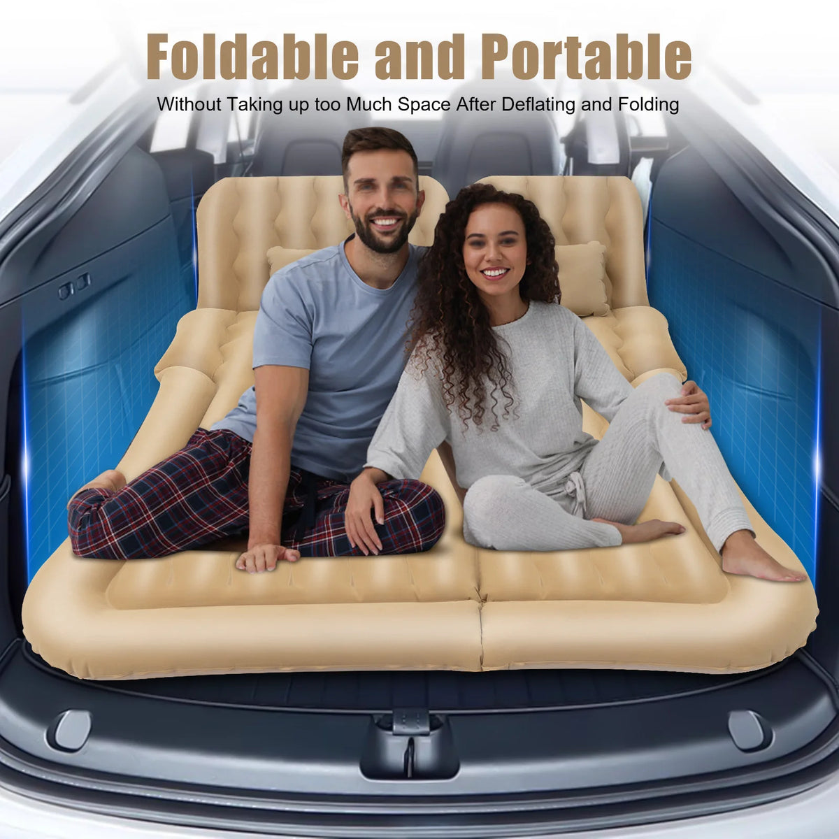 Inflatable Car Back Seat Air Mattress, Foldable Flocked Travel Bed with Pump