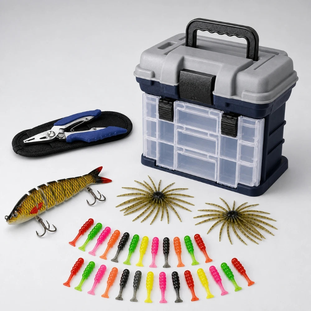 Fishing Tackle Box Kit with Fishing Pliers 4-Tier Multi-Functional Fishing Handheld Storage Box Adjustable Dividers Portable Fishing Tackle Lure Tool
