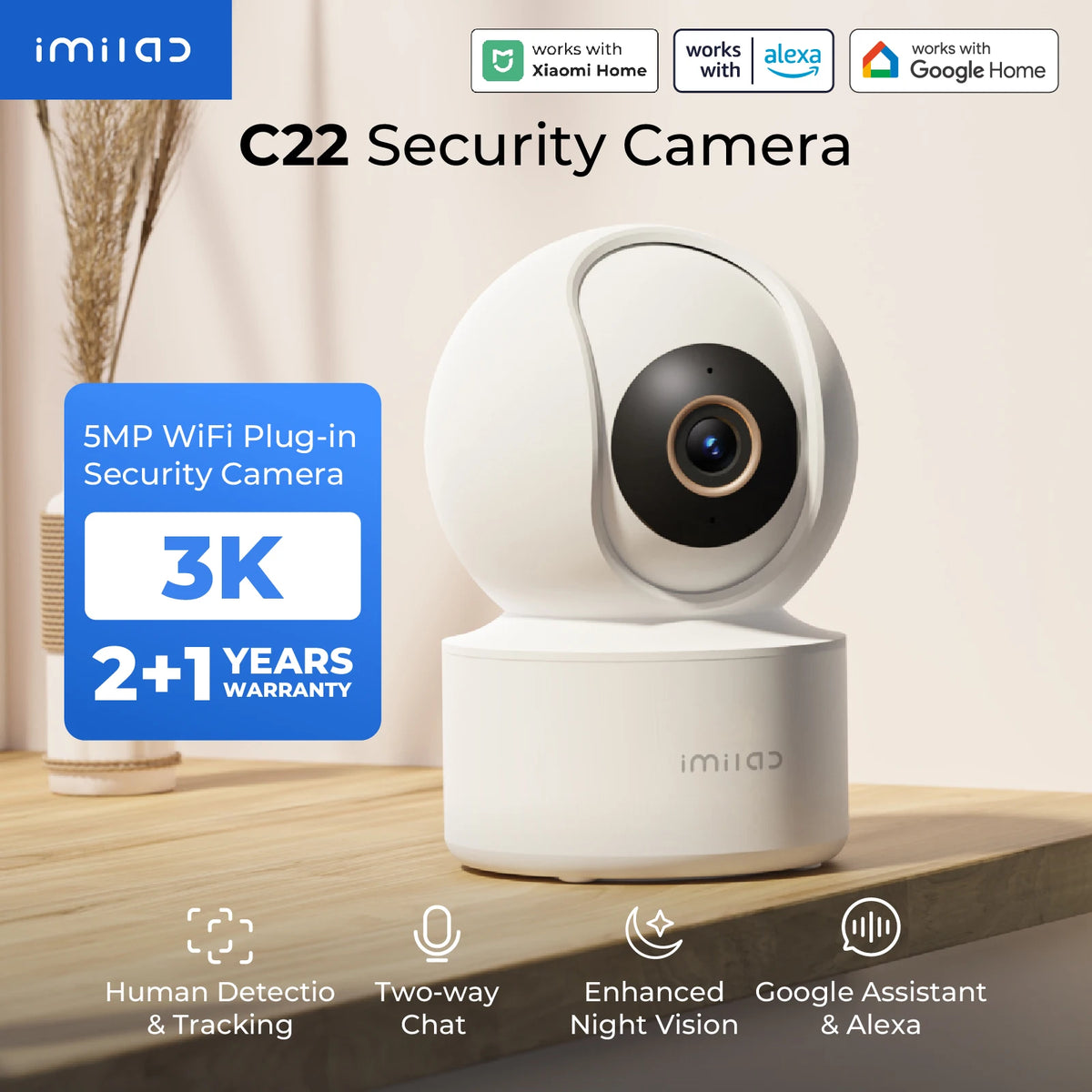 C22 3K IP Indoor Camera Detection Color Night Vision Monitor for Baby 2-Way Audio Wi-Fi6 Powerful AI Algorithm White